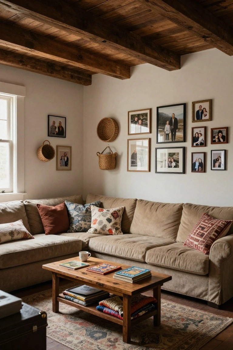 Living room corner with beige L-shaped sofa covered in colorful pillows, wooden coffee table stacked with books, white walls covered in assorted family photo frames and hanging woven baskets, exposed wooden beam ceiling, and patterned rug on wood floor.