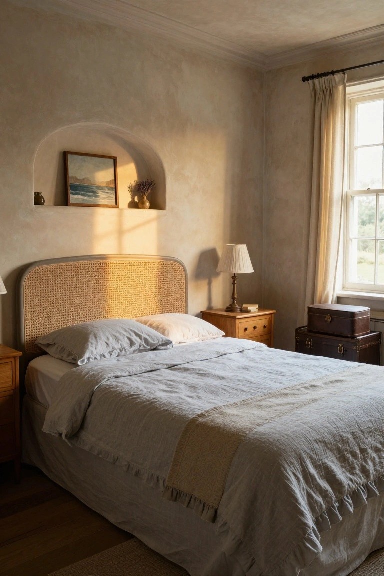 Bedroom with curved rattan headboard on a bed draped in light gray linen sheets and beige throw, flanked by wooden nightstands and vintage suitcases, arched plaster wall niche holding seascape painting and vase, sheer curtains on window.
