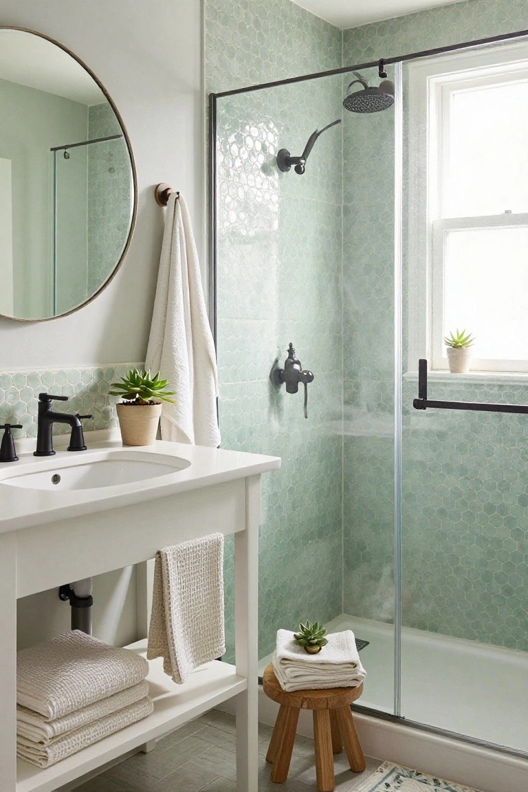Modern bathroom with mint hexagon tiles, white vanity, and black shower fixtures.