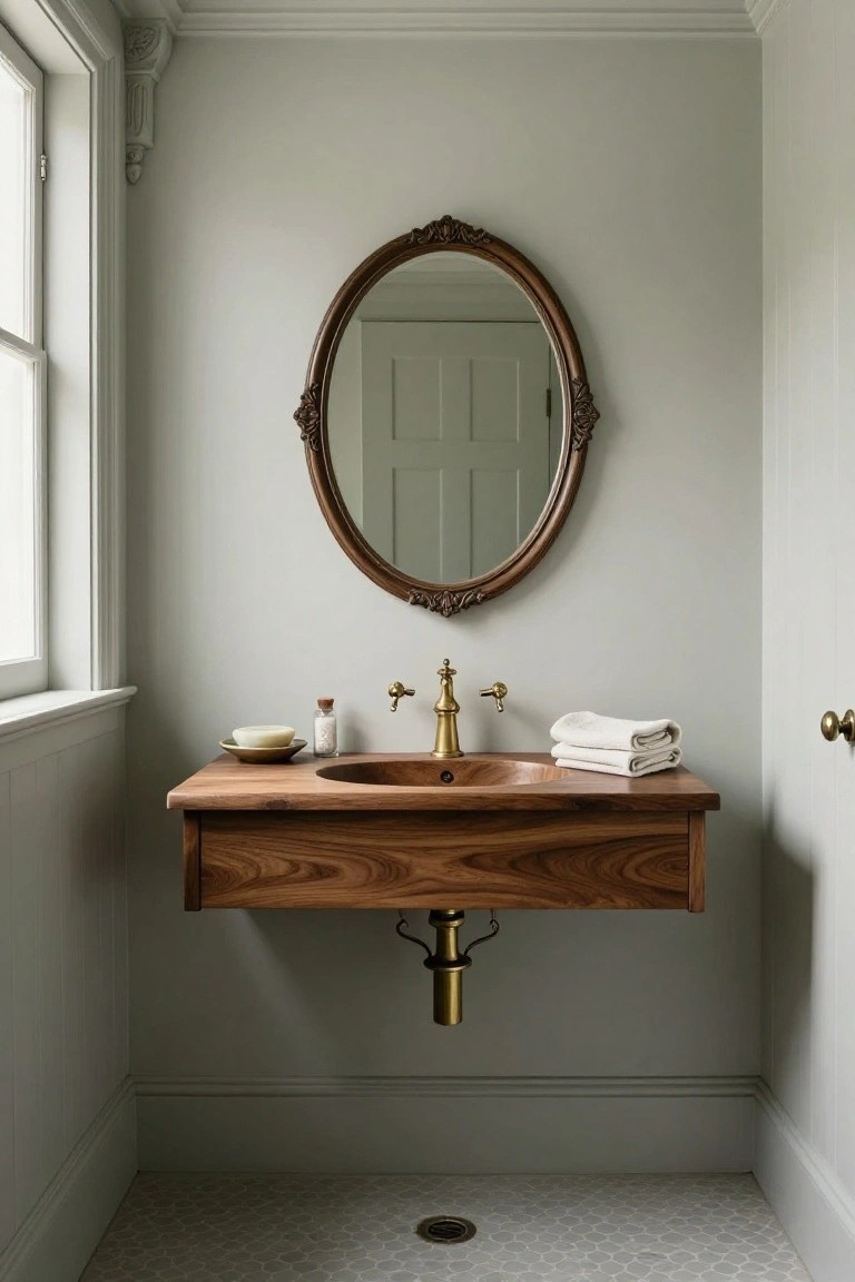 Small bathroom with floating wooden vanity, brass faucet, oval framed mirror above, pale gray walls, white towels, and gray hex tile floor.