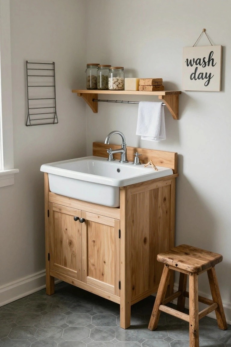 Corner laundry area with white apron-front sink on wooden cabinet base, open shelves holding glass jars and soap bars above, towel rack with white towel, metal drying rack, wooden stool, and gray hexagonal tile floor against light walls.