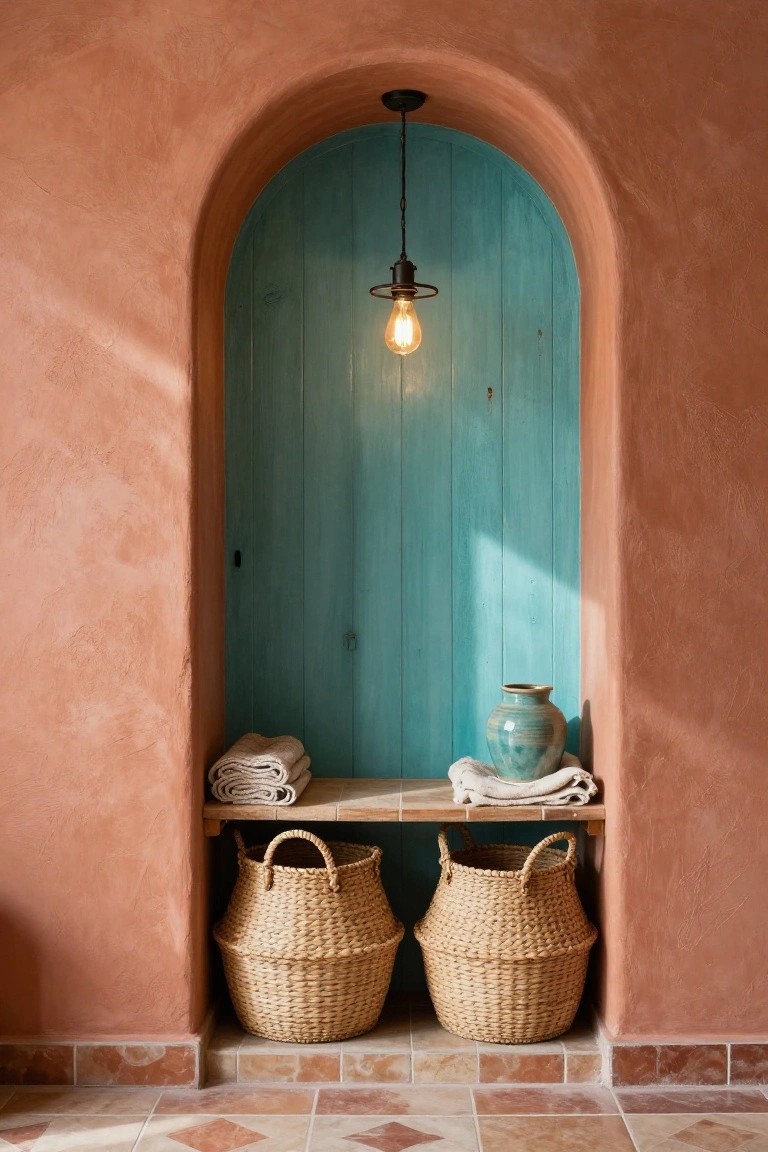 Arched wall recess with turquoise wooden panels inside, a hanging exposed-bulb light, wooden shelf holding folded white towels and a green ceramic vase, two woven baskets on the floor below, terracotta walls and tiled floor.