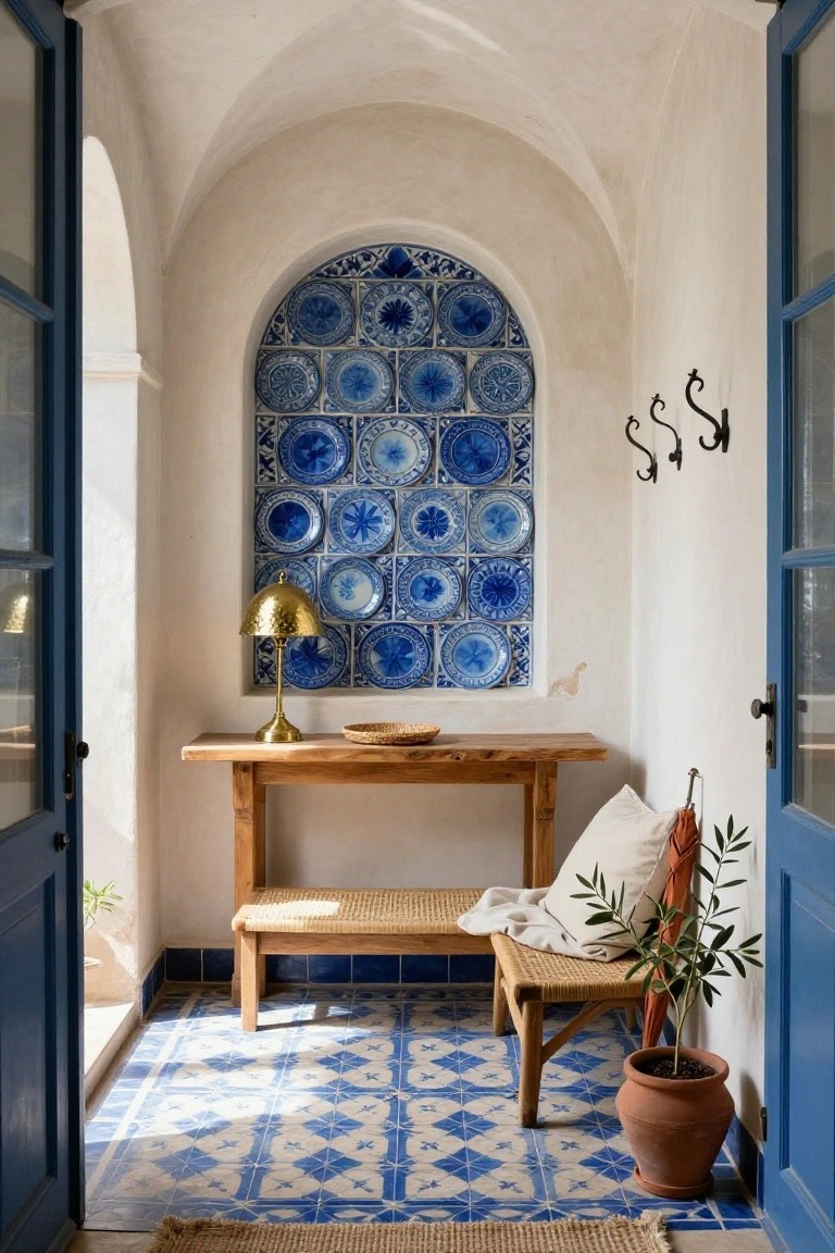 Whitewashed arched entryway with blue and white patterned tile floor, large arched wall niche displaying assorted blue plates, wooden console table with brass lamp and woven basket, rattan stool with cushions, potted olive tree, and blue doors.