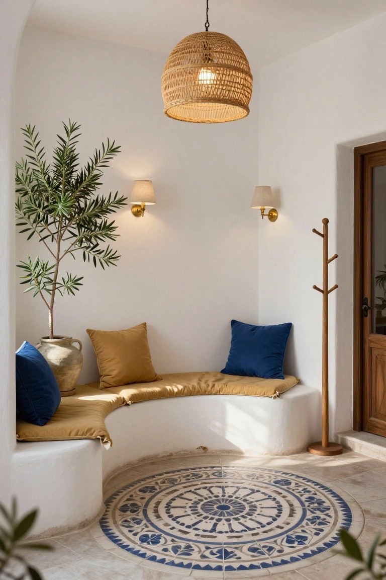 White curved built-in bench with yellow and blue cushions in an alcove, olive tree in terracotta pot, rattan pendant light, wall sconces, wooden coat rack, and blue-patterned circular tile on floor near wooden door.
