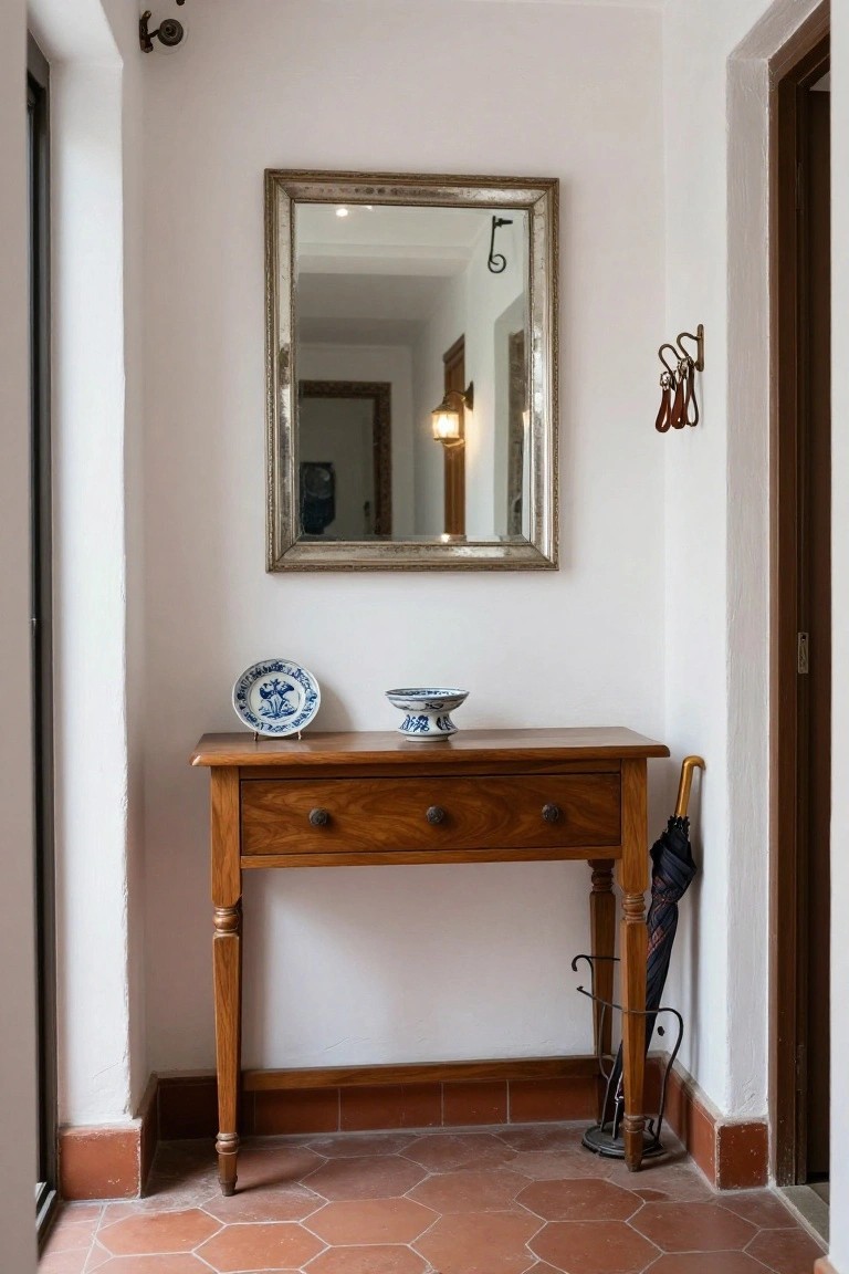 Narrow indoor entryway hallway with white walls, wooden console table topped with blue-and-white porcelain plate and bowl, large framed mirror above the table, wall lamp, umbrella in stand beside table, terracotta tile floor.