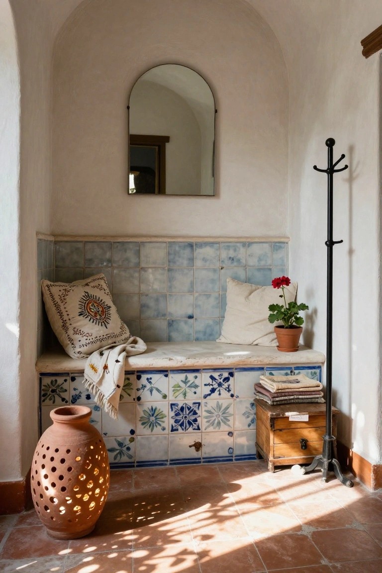 Arched indoor entryway nook with built-in blue-tiled bench topped by cushions and throws, potted geranium, coat rack, arched mirror, wooden box, and large pierced terracotta pot on terracotta floor.