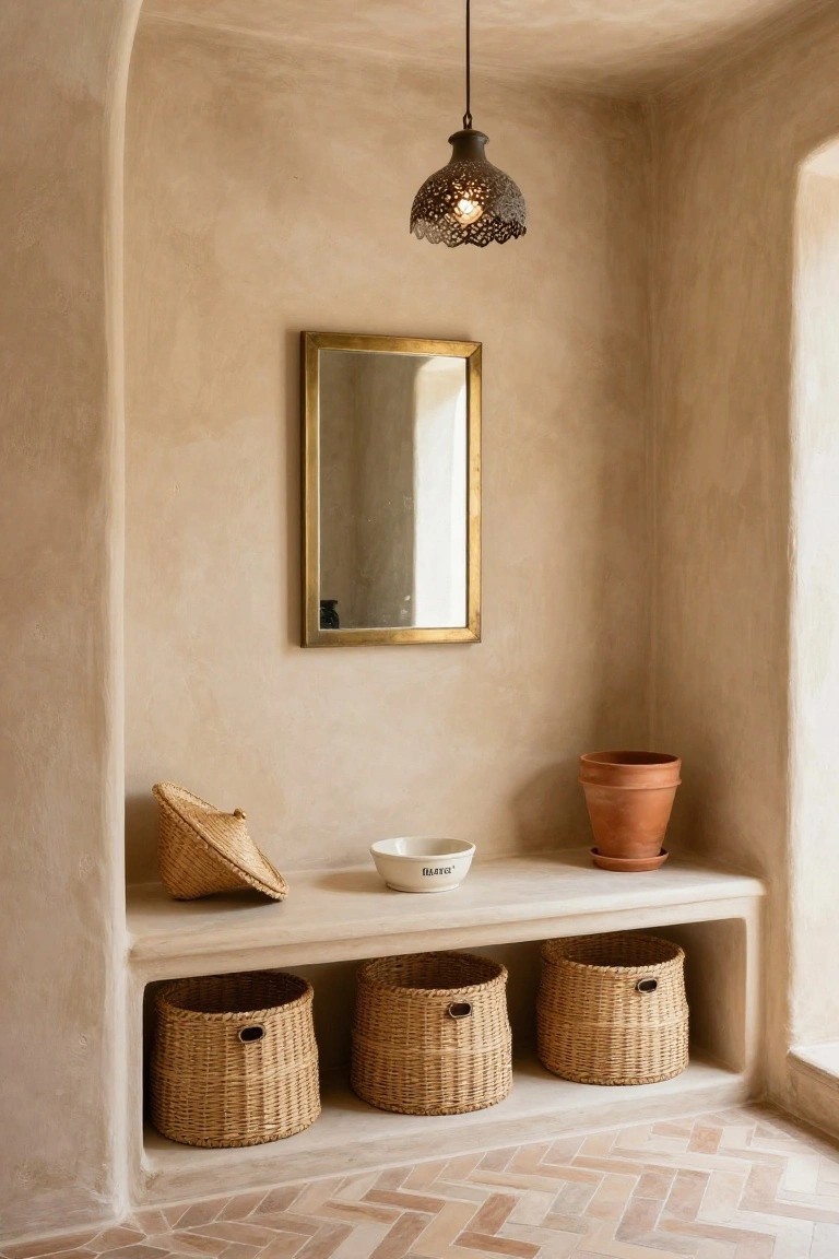 Curved beige plaster walls in an entryway with a built-in stone bench holding three woven seagrass baskets below, a conical hat and white bowl on top, a terracotta plant pot beside it, gold-framed mirror above, pierced metal pendant light hanging, and herringbone terracotta floor tiles.
