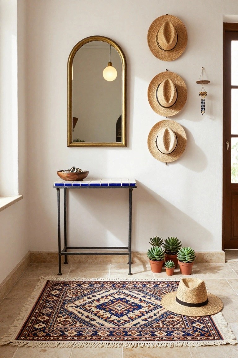 Entryway with gold arched mirror and pendant light, blue tiled console table holding wooden bowl of shells, four straw hats hung on white wall, potted succulents, and blue patterned rug on terracotta tile floor next to wooden door.