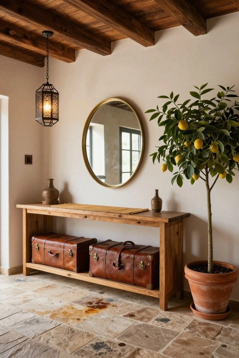 Entryway with exposed wooden ceiling beams, a hanging lantern light, round gold mirror on white wall, wooden console table holding two ceramic vases and a woven runner with leather trunks stored underneath, and a potted lemon tree in terracotta pot on tiled floor.