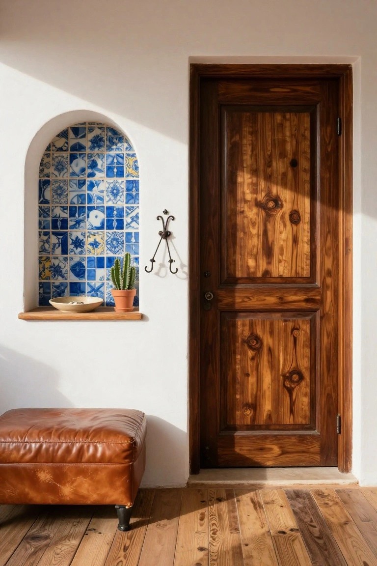 Arched wall niche filled with blue and yellow patterned tiles holding a potted cactus and ceramic bowl, positioned next to a paneled wooden door with a leather ottoman on wooden flooring.