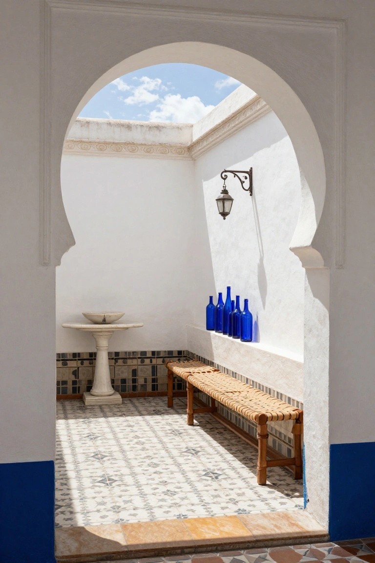 White arched doorway opening to a small courtyard with tiled floor, pedestal basin, woven wood bench, wall lantern, and blue glass bottles displayed in a niche.