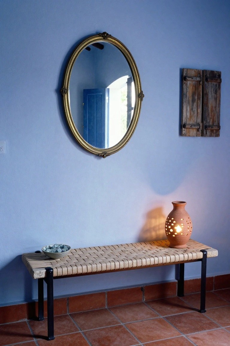 Blue-walled entryway with gold-framed oval mirror reflecting blue door, wooden shutters on wall, terracotta pierced lantern lamp, bowl of pebbles on woven reed bench with black metal legs, on terracotta tile floor.
