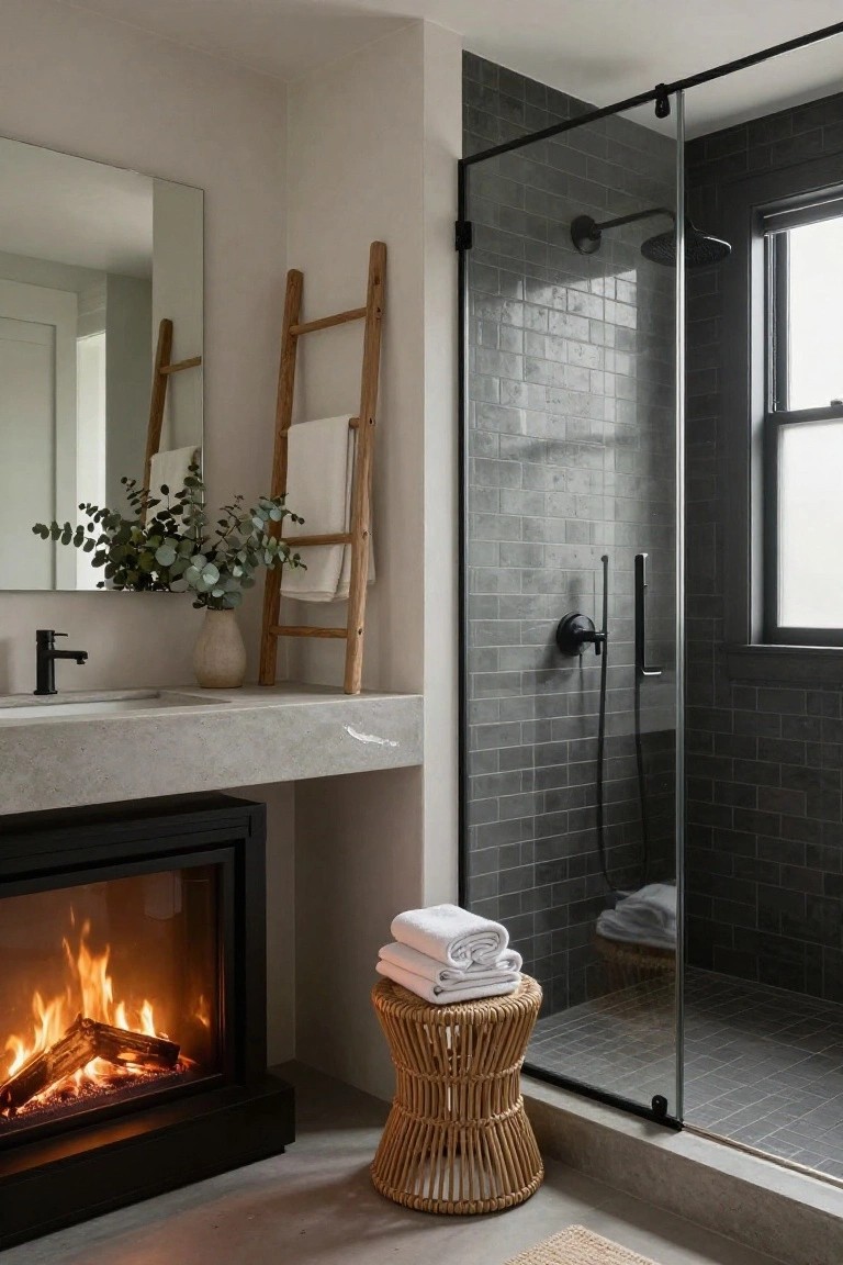 Modern bathroom with black-framed fireplace burning brightly beside concrete vanity, wooden ladder holding white towels, potted eucalyptus, glass shower enclosure with dark gray subway tiles, and rattan stool with folded towels.