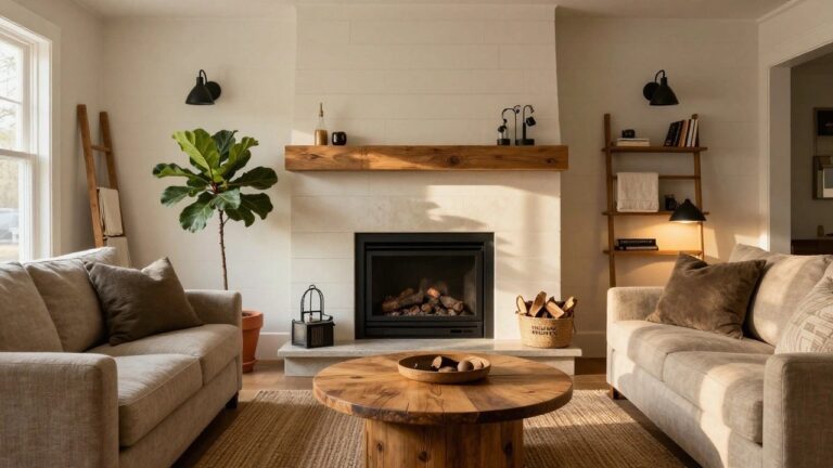 20 Beautiful Modern Farmhouse Interior Design Fireplace Looks That Create Ambience Living room with white shiplap fireplace surround, thick wooden mantel, two beige sofas, round wooden coffee table, and tall fiddle leaf fig plant.
