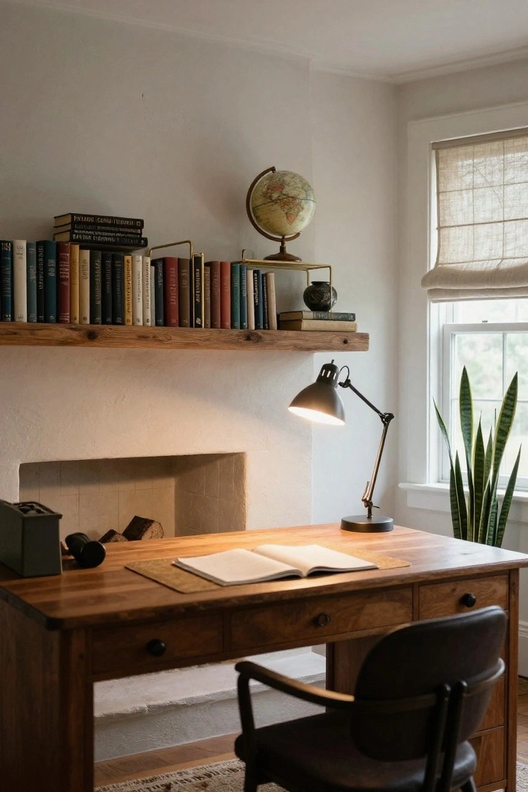 Wooden desk with open notebook and lamp positioned in front of an empty tiled fireplace with rough wooden mantel shelves holding stacked books, a globe, and ceramics, snake plant by window in light room.