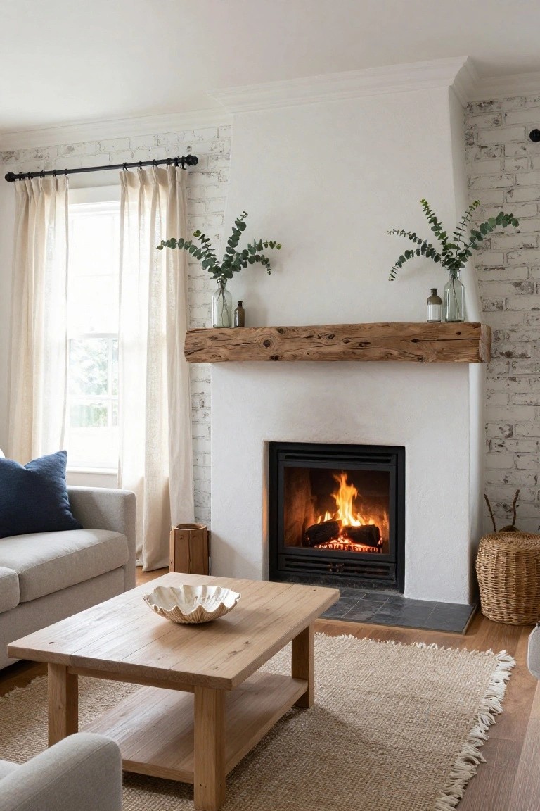 Living room with white brick fireplace topped by reclaimed wood mantel holding glass jars of eucalyptus, gray sofa with blue pillow, wood coffee table with shell bowl, beige armchair, seagrass rug, and sheer curtains on window.