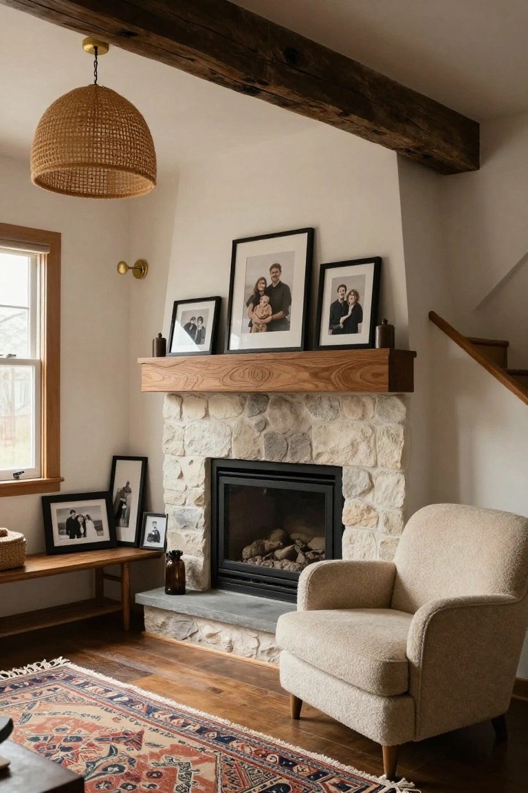 Cozy living room corner with light stone fireplace, dark wood mantel holding black-framed family photos and glass bottles, beige armchair nearby, wood bench, woven pendant light, and patterned rug on wood floors.