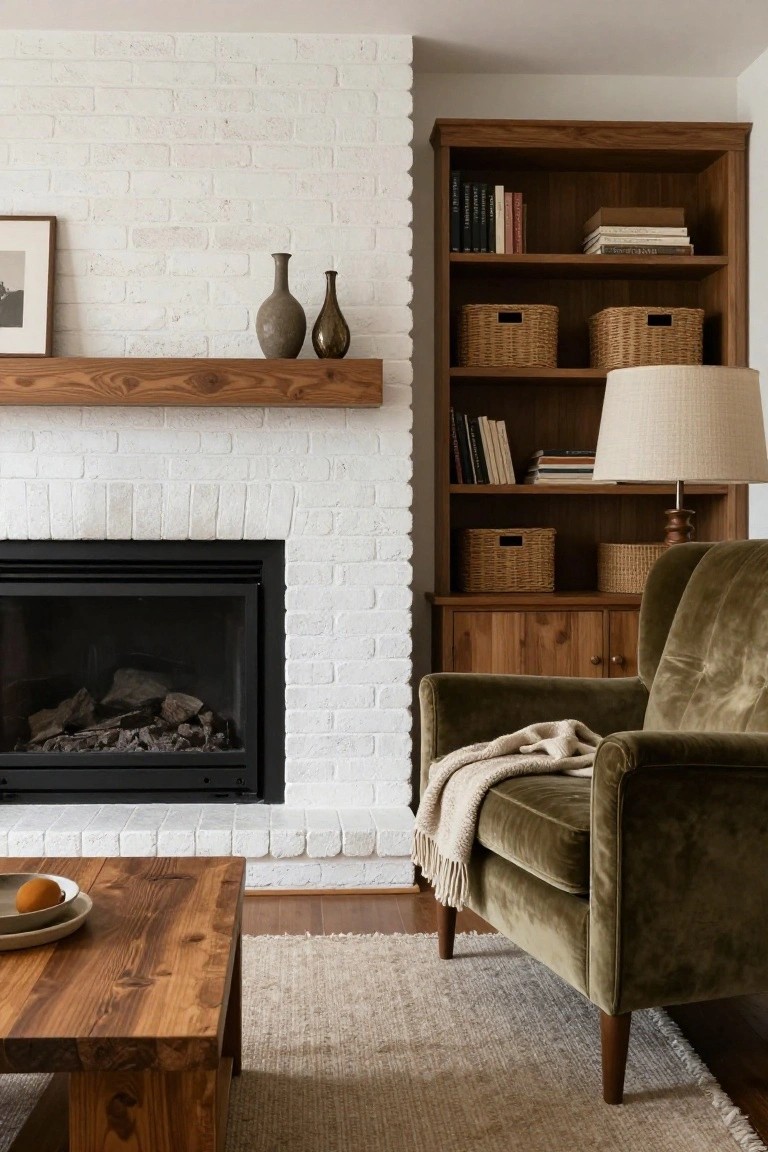 White brick interior wall with black fireplace insert and logs, wooden mantel shelf with two vases, adjacent wooden bookcase filled with books baskets and lamp, green velvet armchair with throw blanket, wooden coffee table holding a plate on beige rug.