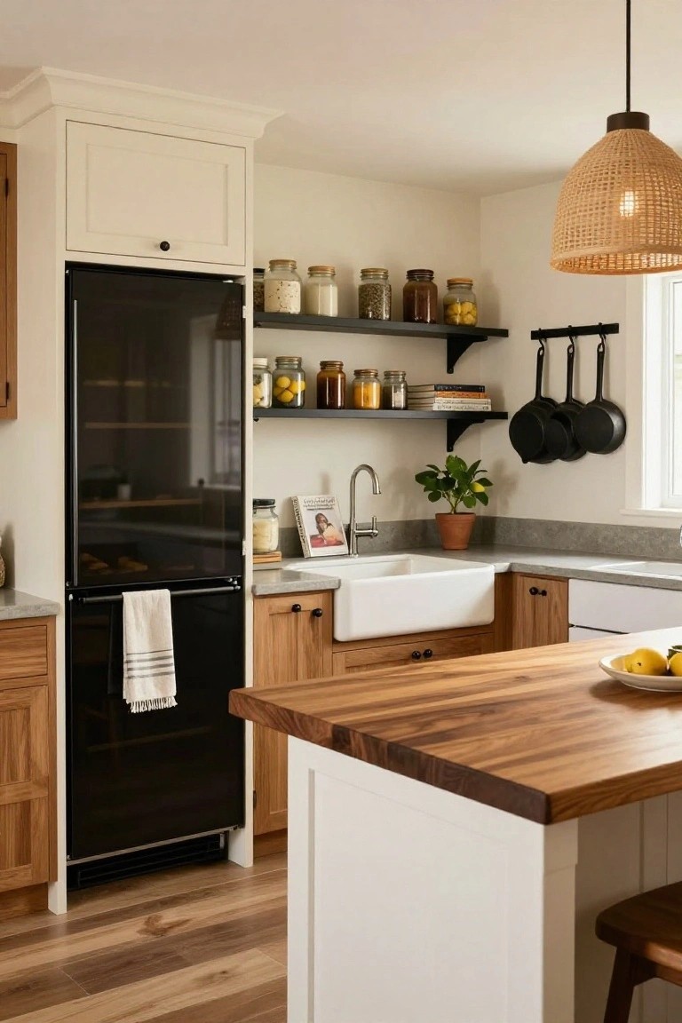 Modern farmhouse kitchen with matte black fridge integrated beside wood lower cabinets, white farmhouse sink on gray countertop, wood island, open black shelving stocked with jars and preserved lemons, and woven pendant light overhead.