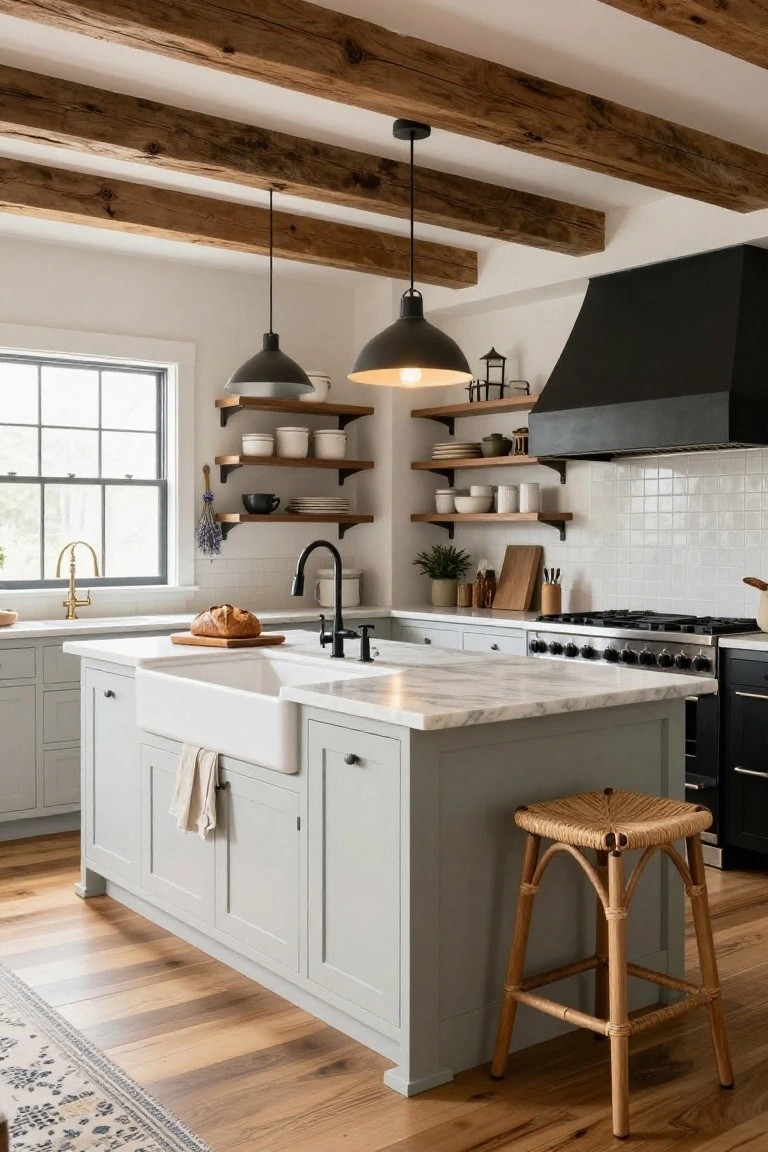 Modern farmhouse kitchen interior with exposed dark wood beams on white ceiling, light gray center island featuring white farmhouse sink and marble countertop, black range hood over gas range, open wood shelves with dishes, and rattan stool.