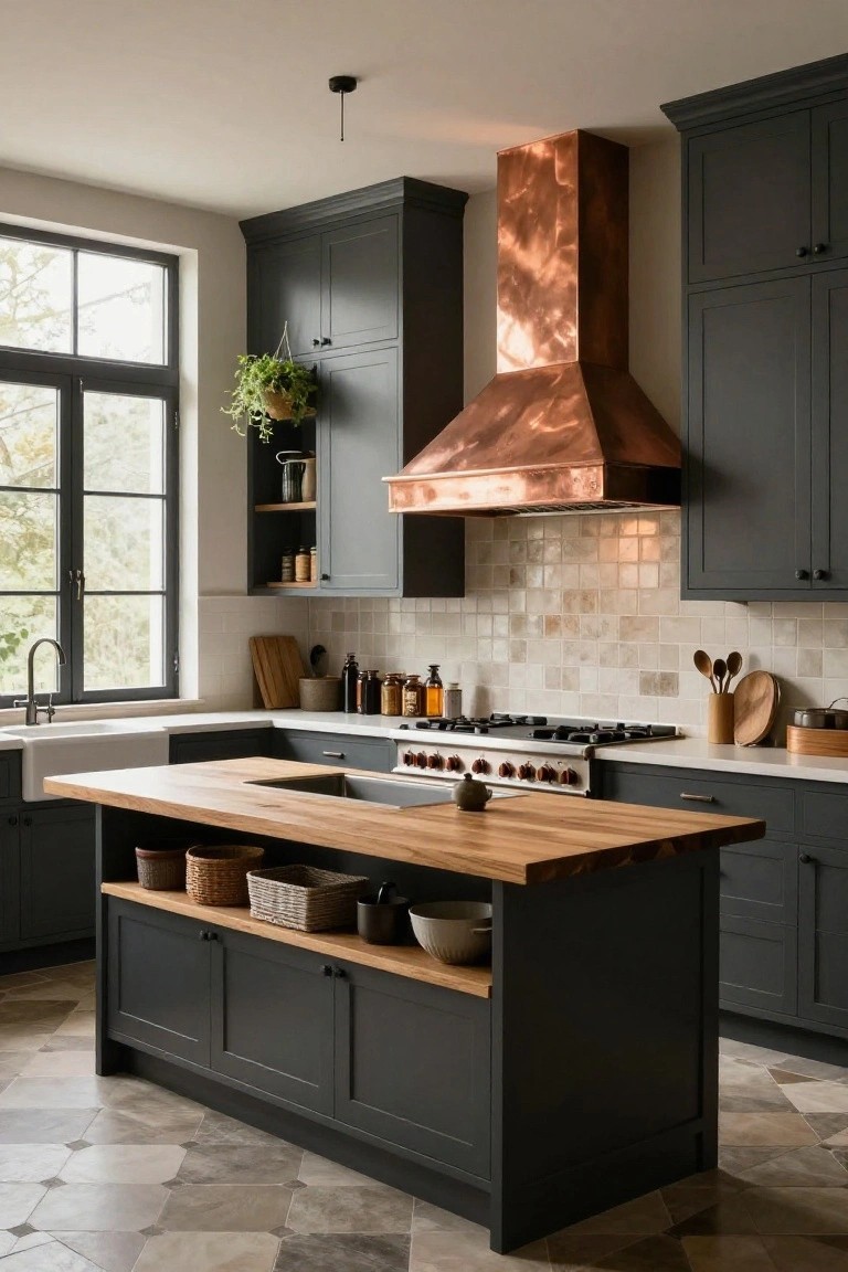 Modern kitchen with dark gray shaker-style cabinets, prominent copper range hood over a stainless steel gas range, butcher block island, and light beige subway tile backsplash.