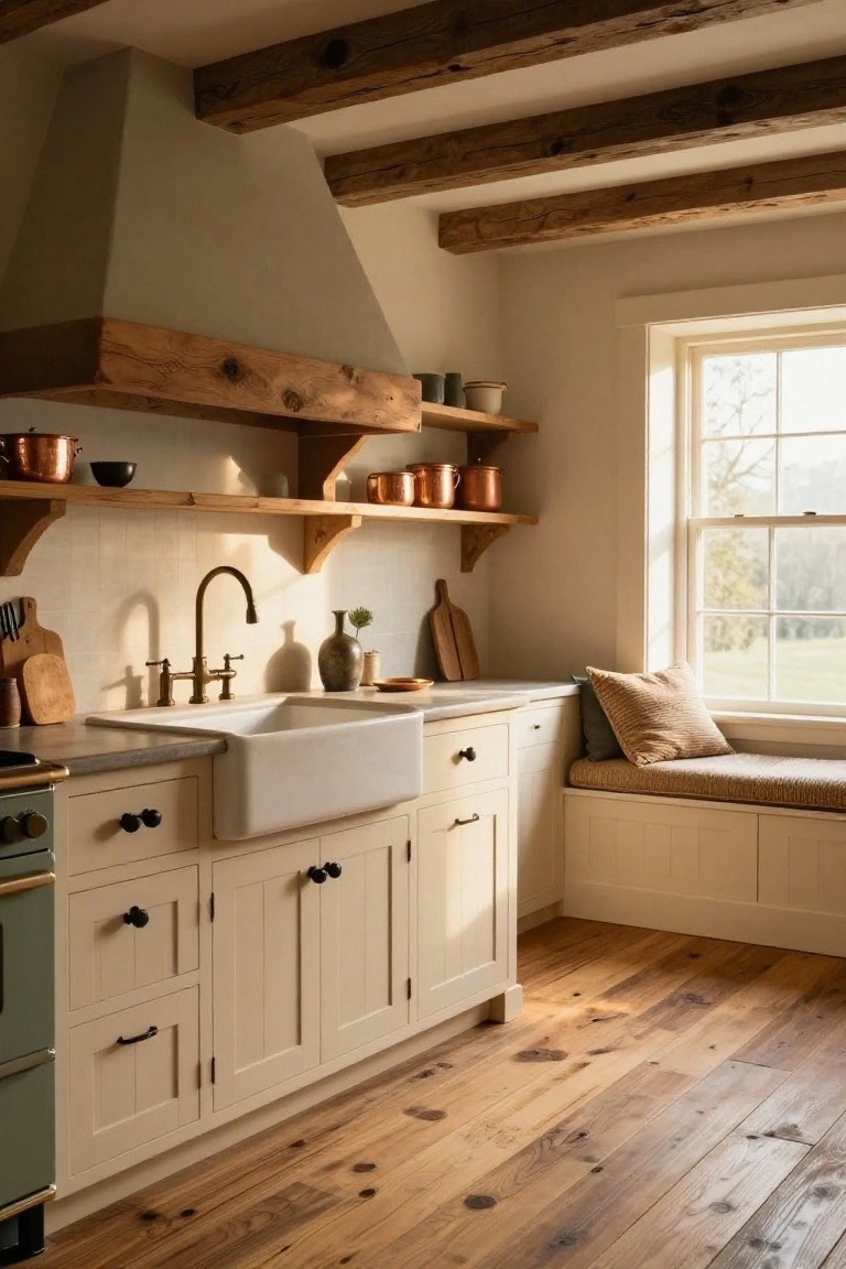 Modern farmhouse kitchen with creamy white shaker cabinets, farmhouse sink, brass faucet, exposed wooden ceiling beams, wooden open shelves holding copper pots and ceramics, green range cooker, and built-in window seat with textured cushions beside a large multi-pane window overlooking a field.