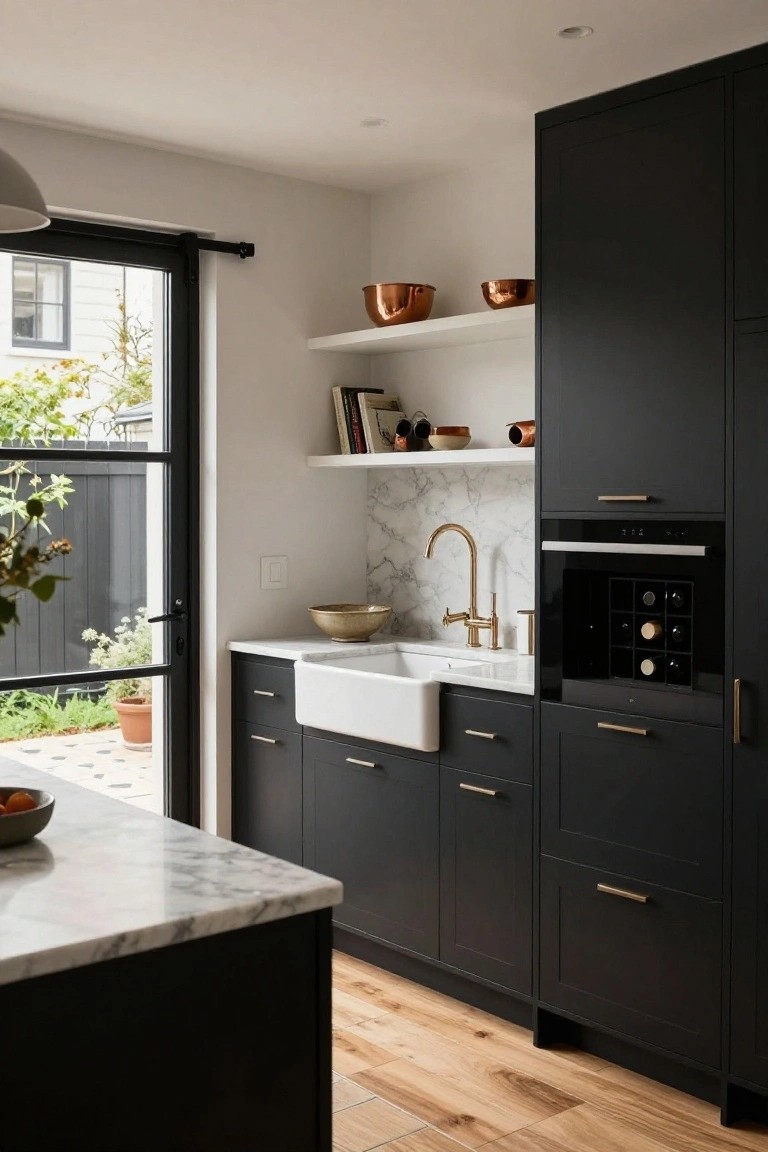 Modern farmhouse kitchen with matte black cabinets, white marble countertops and backsplash, white farmhouse sink, brass faucet and hardware, integrated black oven and wine fridge, and glass door to outdoor garden area.