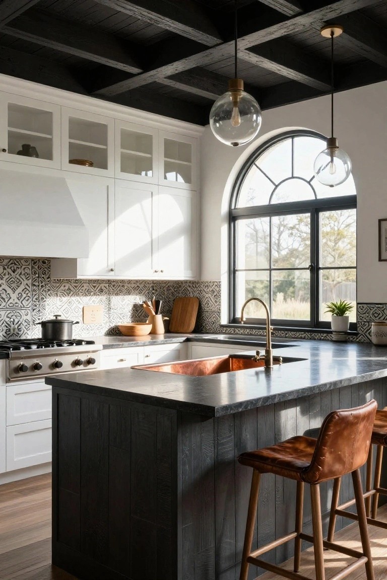 Modern farmhouse kitchen with white upper and lower cabinets, dark wood paneled island with two tan leather bar stools, copper farmhouse sink, geometric black and white tile backsplash, gas range, and arched black-framed window with natural light and view of trees outside.