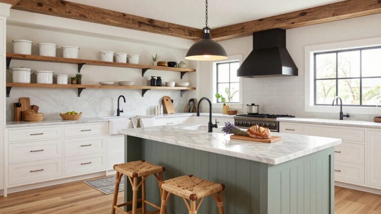 Modern farmhouse kitchen interior with exposed dark wood beams on white ceiling, light gray center island featuring white farmhouse sink and marble countertop, black range hood over gas range, open wood shelves with dishes, and rattan stool.