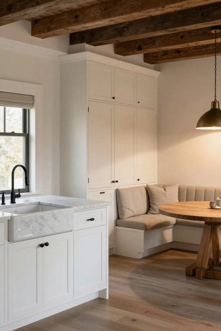 Kitchen corner with built-in beige tufted banquette booth seating around a round wooden table, next to white shaker cabinets, marble countertop with white farmhouse sink, under exposed wooden beam ceiling and brass pendant light.