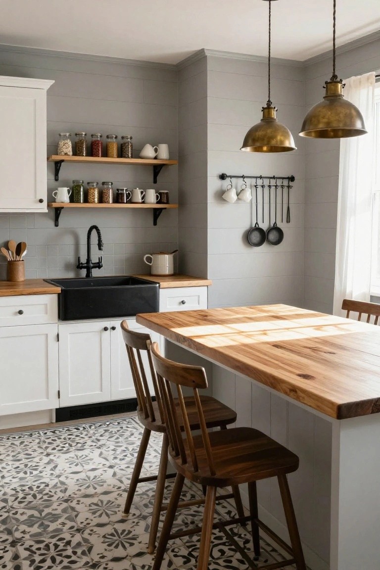 Modern farmhouse kitchen with white shaker cabinets, light wood butcher block countertops and island peninsula, black farmhouse sink, open wood shelves stocked with jars and dishes, brass pendant lights, hanging utensils, gray shiplap walls, and four wood bar stools.