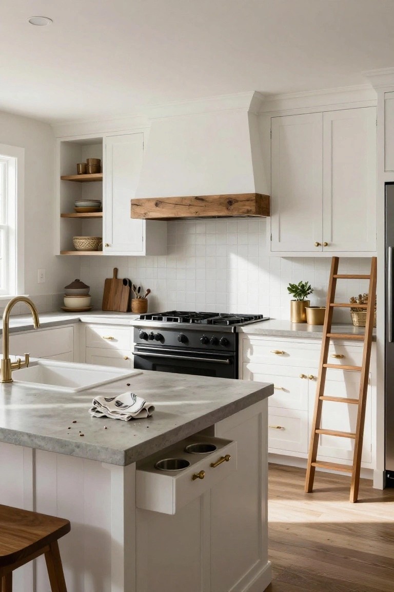 Modern farmhouse kitchen with white cabinets, gray quartz island, black range under wood beam hood, gold hardware, and leaning wooden ladder shelf holding pots and plants beside refrigerator.