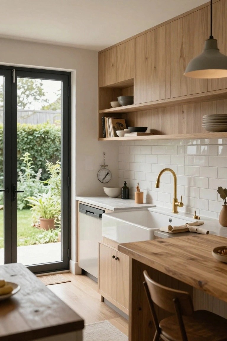 Modern farmhouse kitchen featuring light oak cabinets and upper shelves, white subway tile backsplash, gold faucet and farmhouse sink, wooden island with stool, and black-framed glass doors to backyard garden.