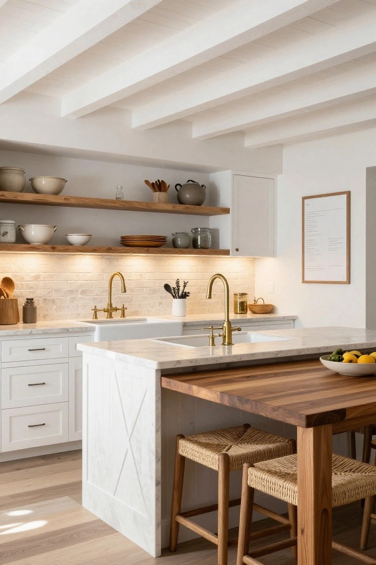 A modern farmhouse kitchen with white cabinets, marble-topped island extending into wood breakfast bar with rattan stools, brass faucet over white farmhouse sink, open wood shelves holding pottery, beige subway tile backsplash, and white beamed ceiling above light oak floors.
