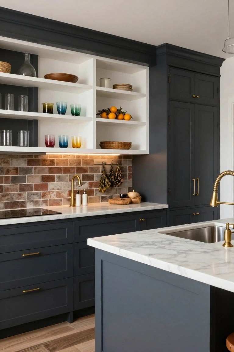 Modern farmhouse kitchen with navy blue lower cabinets and island, white marble countertops, exposed brick backsplash, gold faucet and hardware, open white shelving with glassware and produce, and wood floors.