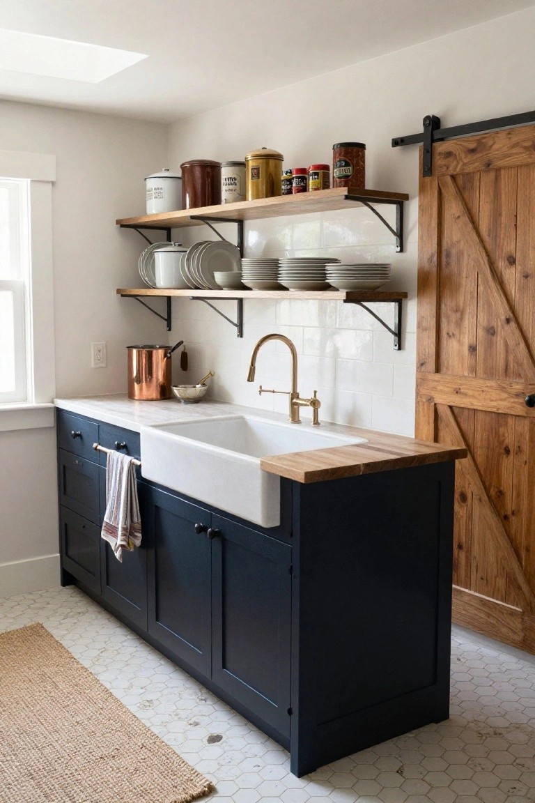 A modern farmhouse kitchen with navy blue lower cabinets, white farmhouse sink, butcher block countertop, brass gooseneck faucet, subway tile backsplash, open wood shelves stocked with white dishes and vintage canisters, copper pot, and sliding barn door on hex tile floor.