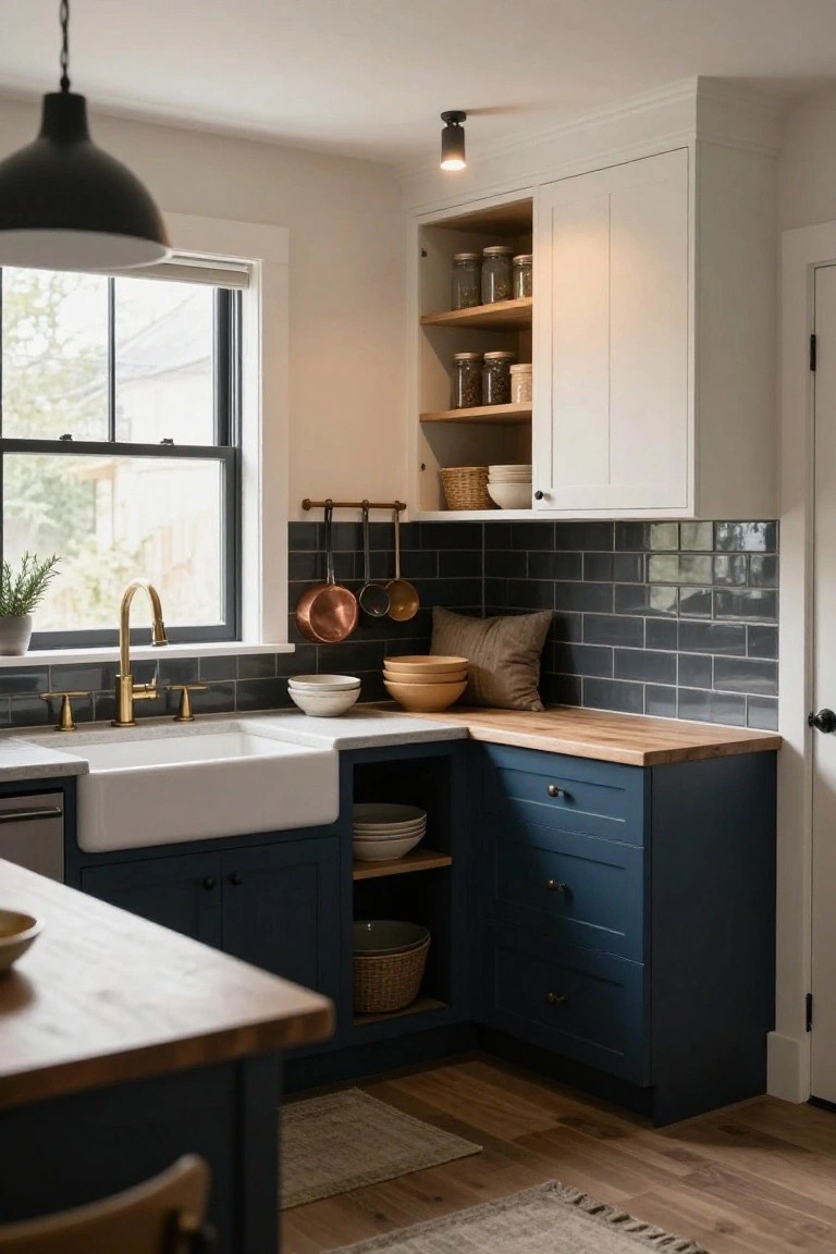 Corner view of a modern farmhouse kitchen with navy blue lower cabinets, light wood butcher block countertops, white farmhouse sink, brass faucet, dark blue subway tile backsplash, and hanging copper pots.