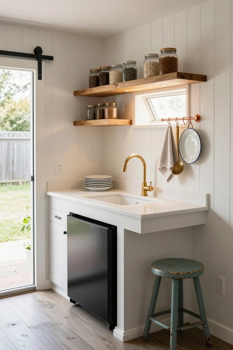 Compact white shiplap kitchen with wooden floating shelves holding glass jars of dry goods, gold gooseneck faucet over white sink with stacked plates, black undercounter fridge, turquoise stool, and sliding glass door to backyard patio.