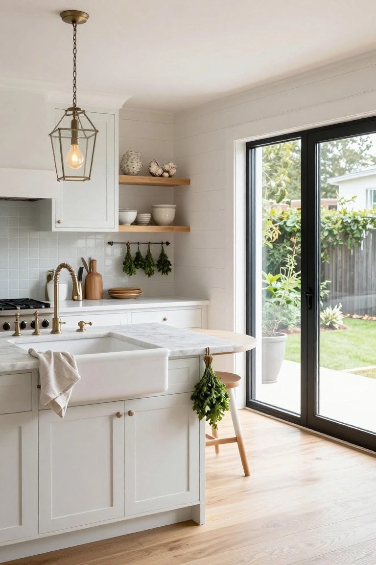 Modern farmhouse kitchen interior with white shaker cabinets, marble countertop, white apron-front sink with brass gooseneck faucet, open wooden shelves holding white bowls and pottery, hanging herbs, a small wooden stool at island extension, brass pendant light, and large black-framed sliding glass doors overlooking a garden with plants and lawn.
