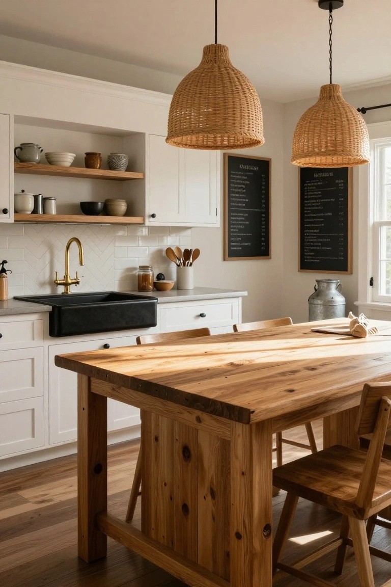A bright kitchen with white shaker cabinets, black apron sink with gold faucet, herringbone white subway tile backsplash, two large rattan pendant lights, wooden open shelves holding pottery and jars, a rectangular wooden farm table with chairs, chalkboard menu signs on walls, and a galvanized milk can nearby.