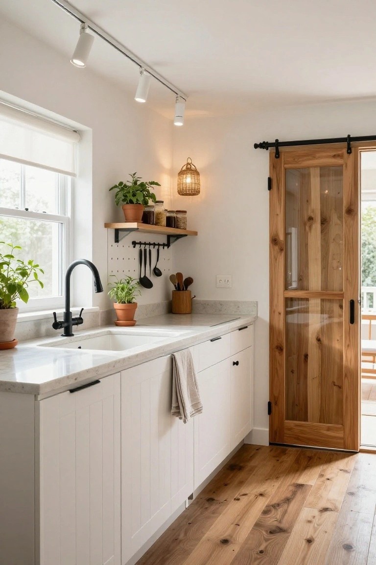A modern farmhouse kitchen with white shaker-style cabinets, white quartz countertops, a black pull-down faucet in a double sink, potted plants on the counter and windowsill, open wood shelving, and a large wooden sliding barn door open to an outdoor wooden deck.