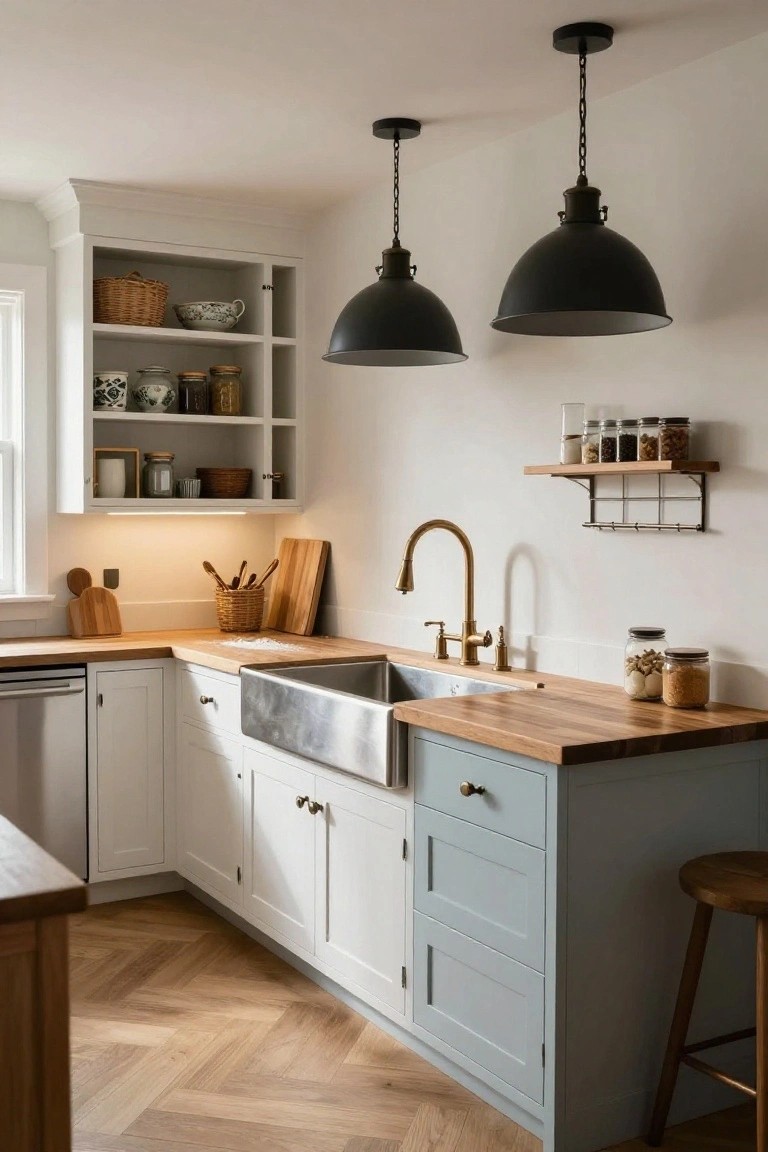 Kitchen corner with white upper cabinets and open shelving, blue lower cabinets, oak wood countertop and island, stainless farmhouse sink with brass faucet, black pendant lights overhead, and herringbone wood floor.