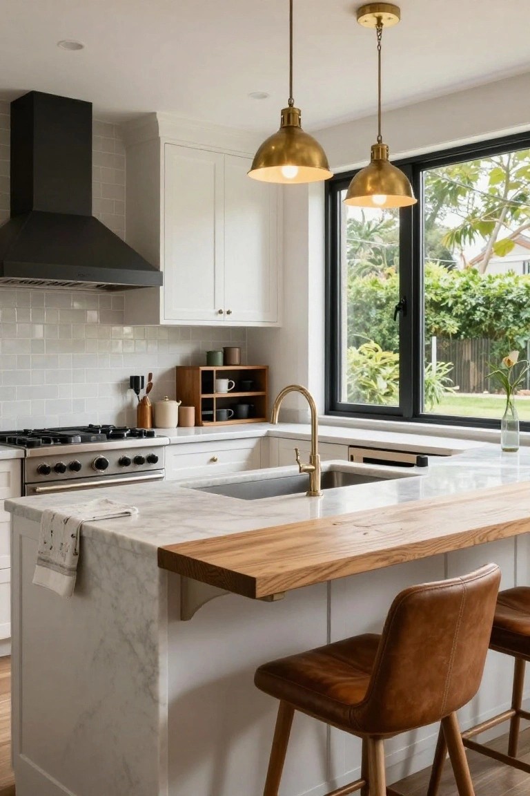 Modern farmhouse kitchen with white shaker cabinets, marble countertops, thick wooden overhang on island, brown leather barstools, brass pendant lights, gold faucet, black range hood, subway tile backsplash, and large black-framed window overlooking garden.
