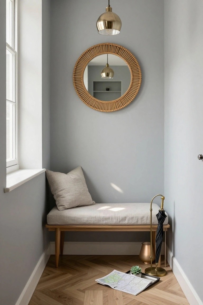 Narrow gray hallway with white window, rattan mirror, brass pendant light, wooden bench with beige linen cushion, brass umbrella stand, potted succulent, and folded map on herringbone floor.