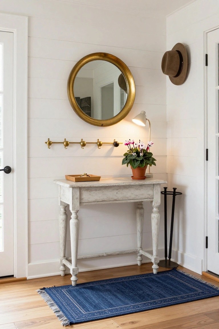 White shiplap-walled entryway corner featuring a gold round mirror, brass rail with hooks, small white console table with wooden key tray and potted pink flower plant, angled lamp, wall hat, black boot rack, and blue woven rug on light wood floor.