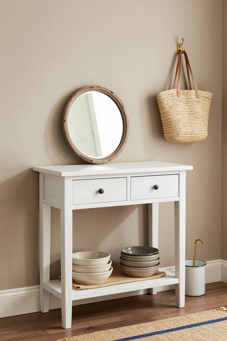 White wooden console table with two drawers and open lower shelf displaying stacked white and gray ceramic bowls on a woven mat, round driftwood mirror mounted above on beige wall, straw bag on brass hook, and white bucket with gold-handled broom nearby.