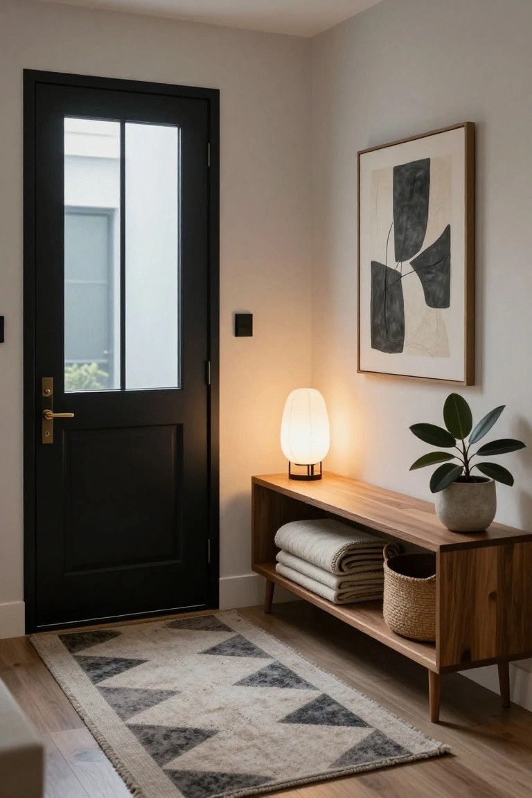 Entryway interior with black front door, wooden bench holding folded white throws and woven basket, white lamp on black base, potted rubber plant, abstract black and white wall art, and gray patterned rug on light wood floor.