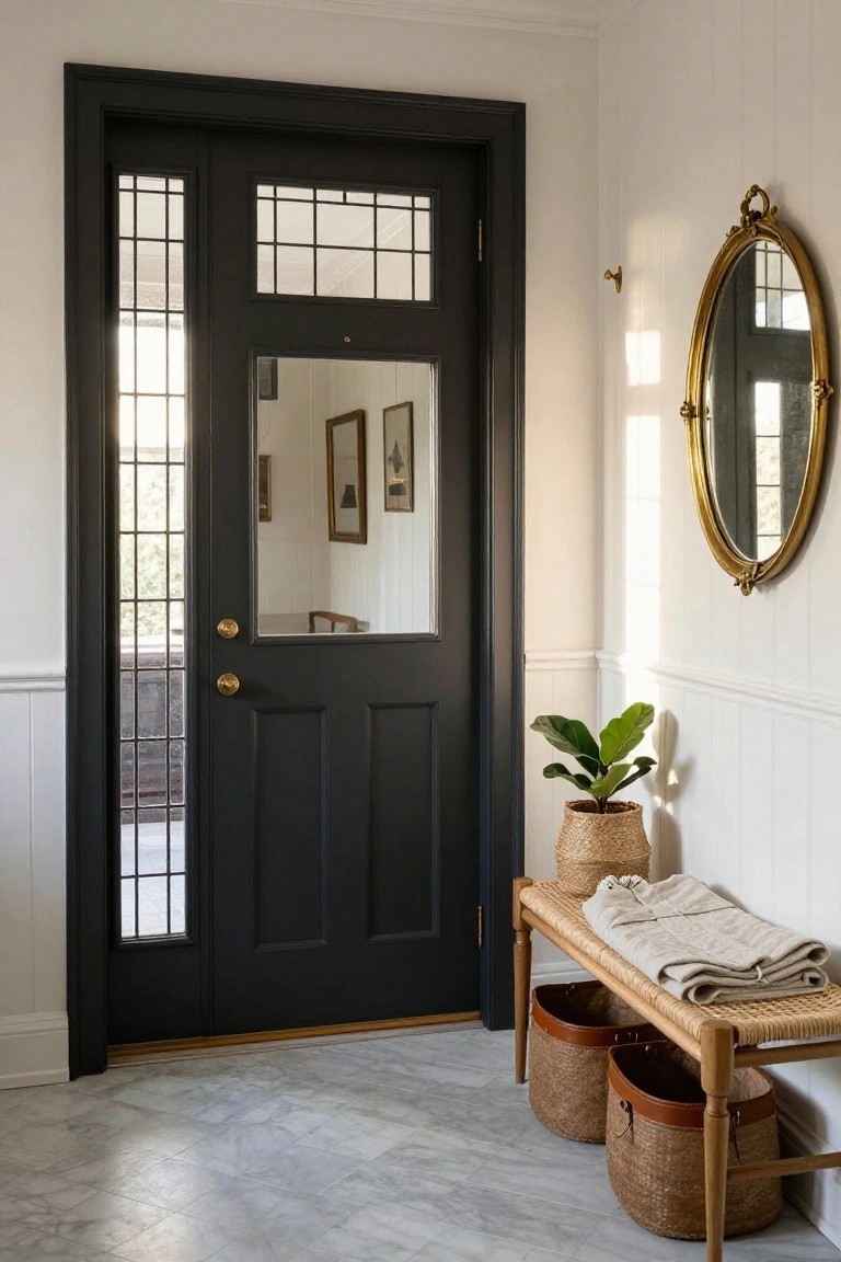 Interior entryway with a tall black wood front door featuring glass side panels, a rattan bench holding a folded white throw and flanked by two leather-trimmed woven baskets, a potted ficus plant in a seagrass pot, gold round mirror on white paneled wall, and light gray marble tile floor.