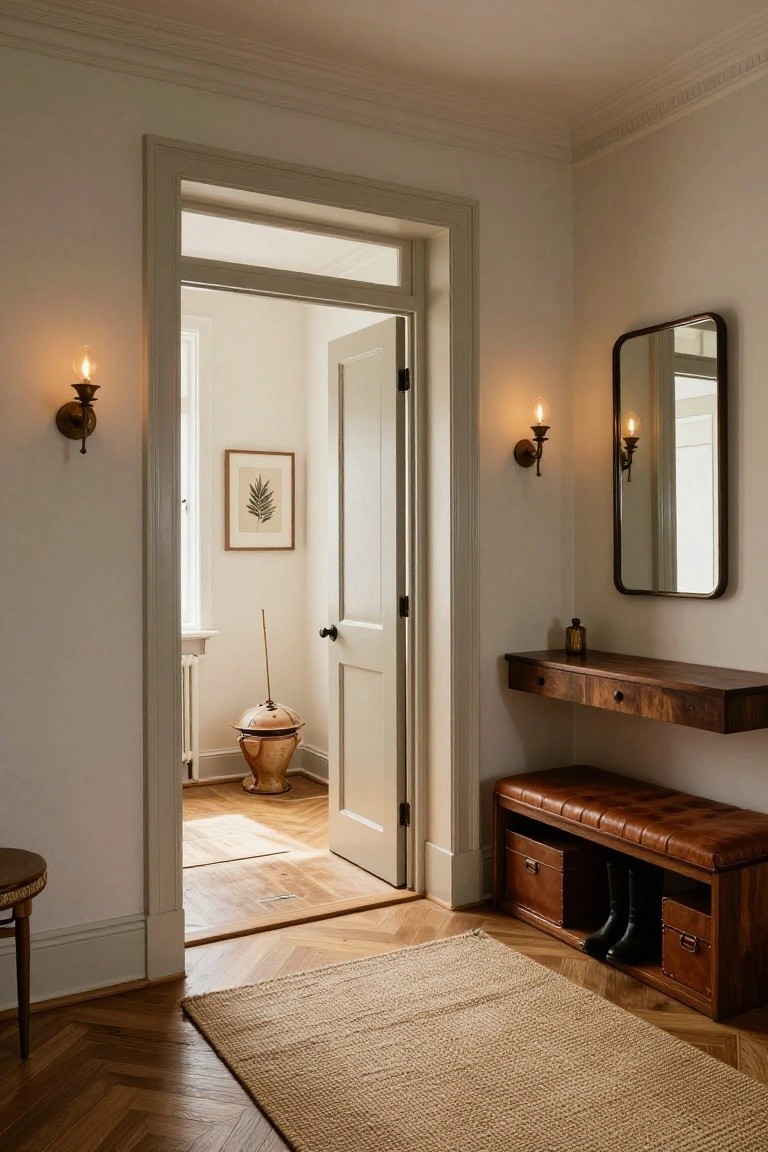 Entryway with open door to adjacent room, wooden floating console and round mirror on wall, leather bench with storage cubbies holding boots, wall sconces, potted items, and parquet floor with seagrass rug.