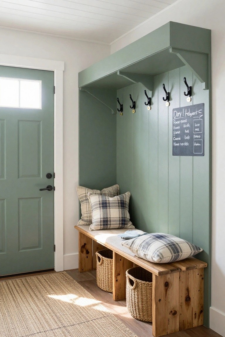 Sage green shiplap entryway interior with wooden bench, plaid pillows, coat hooks, woven baskets underneath, chalkboard, and green door.